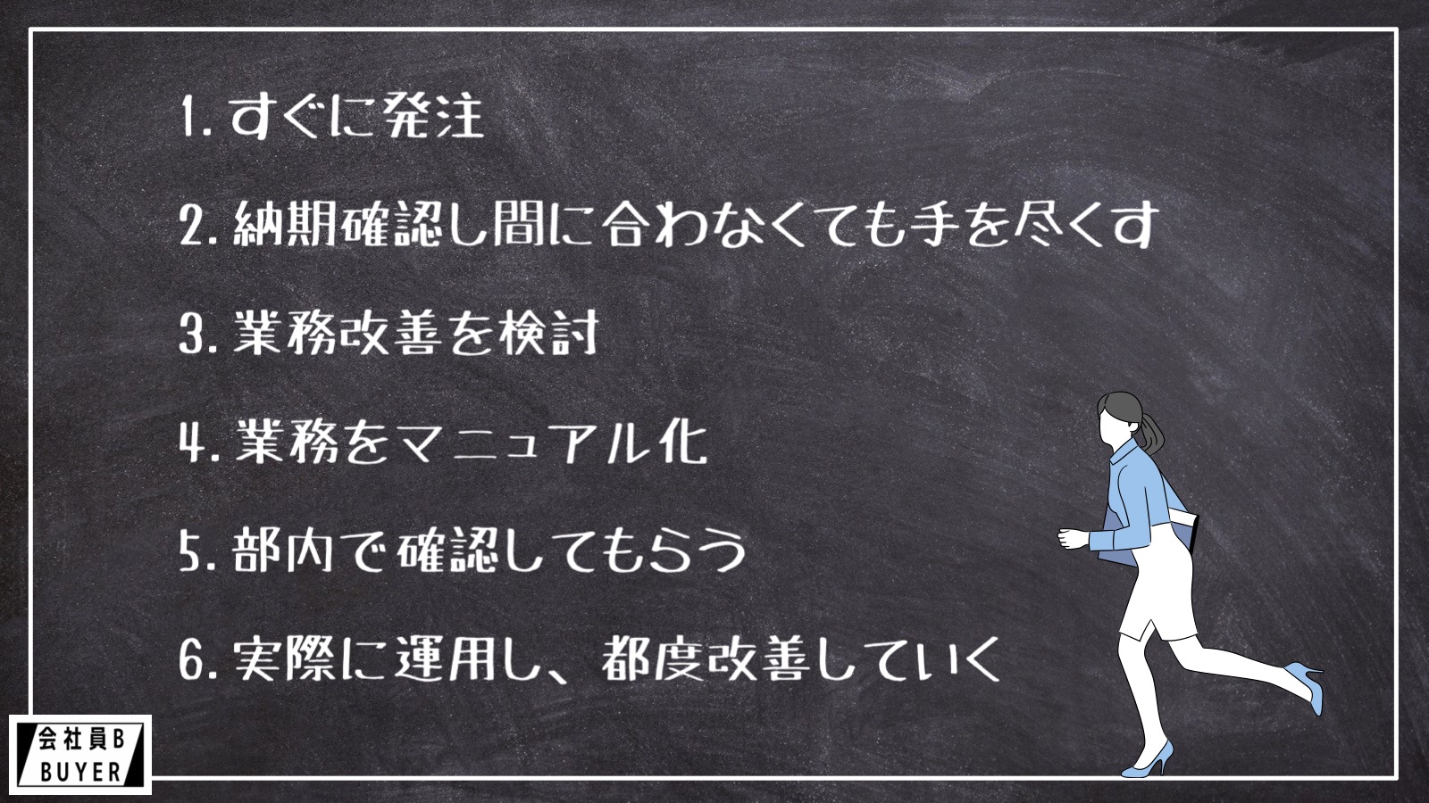 1.すぐに発注 2.納期確認し間に合わなくても手を尽くす 3.業務改善を検討 4.業務をマニュアル化 5.部内で確認してもらう 6.実際に運用し、都度改善していく